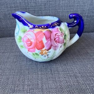 Hand painted Nippon antique  Floral Blue and Pink small Ceramic Pitcher